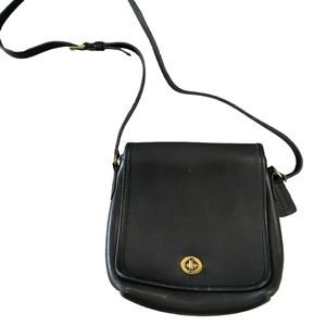 Vintage COACH Black Leather Compact Pouch Messenger Flap Shoulder Bag